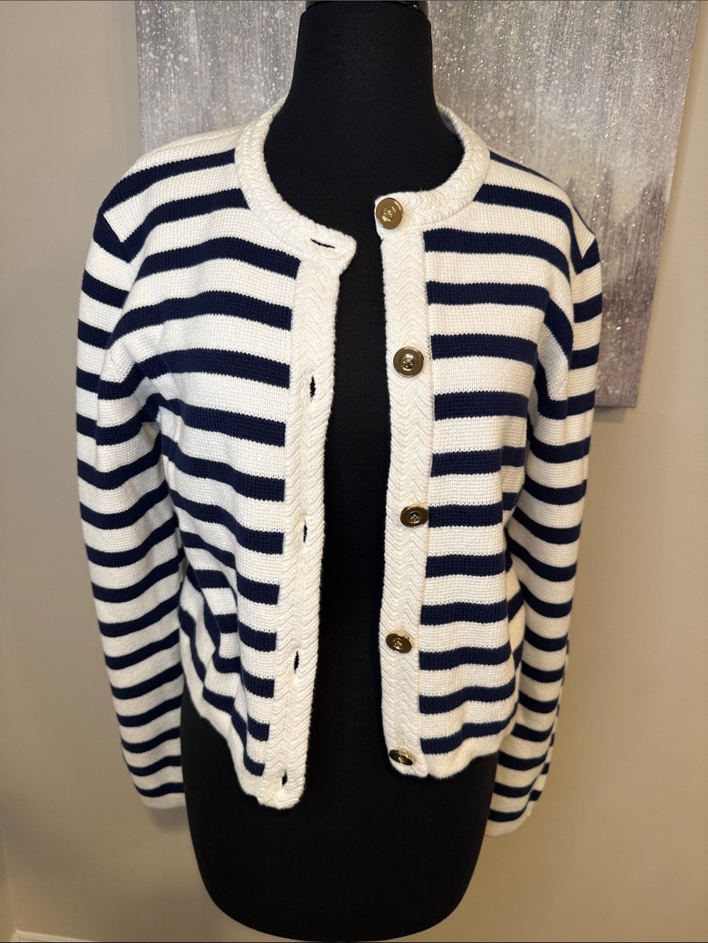 J Crew Striped Navy and White Knit Cardigan size small
